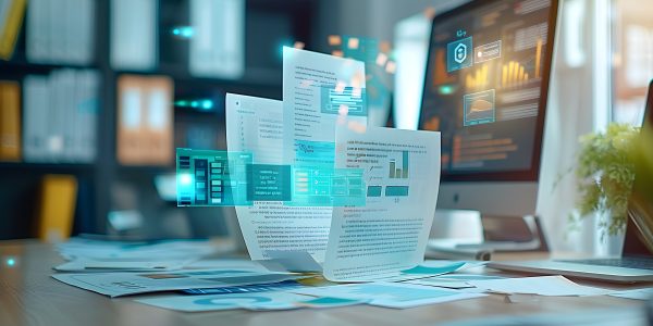 Document Digitization Services, the process of document digitization with an image depicting scanning and conversion techniques