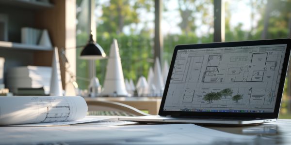 A laptop on an architect's desk with blueprints and architectural drawings, with a backdrop of a modern office space, emphasizing the digital design tools used in architecture.